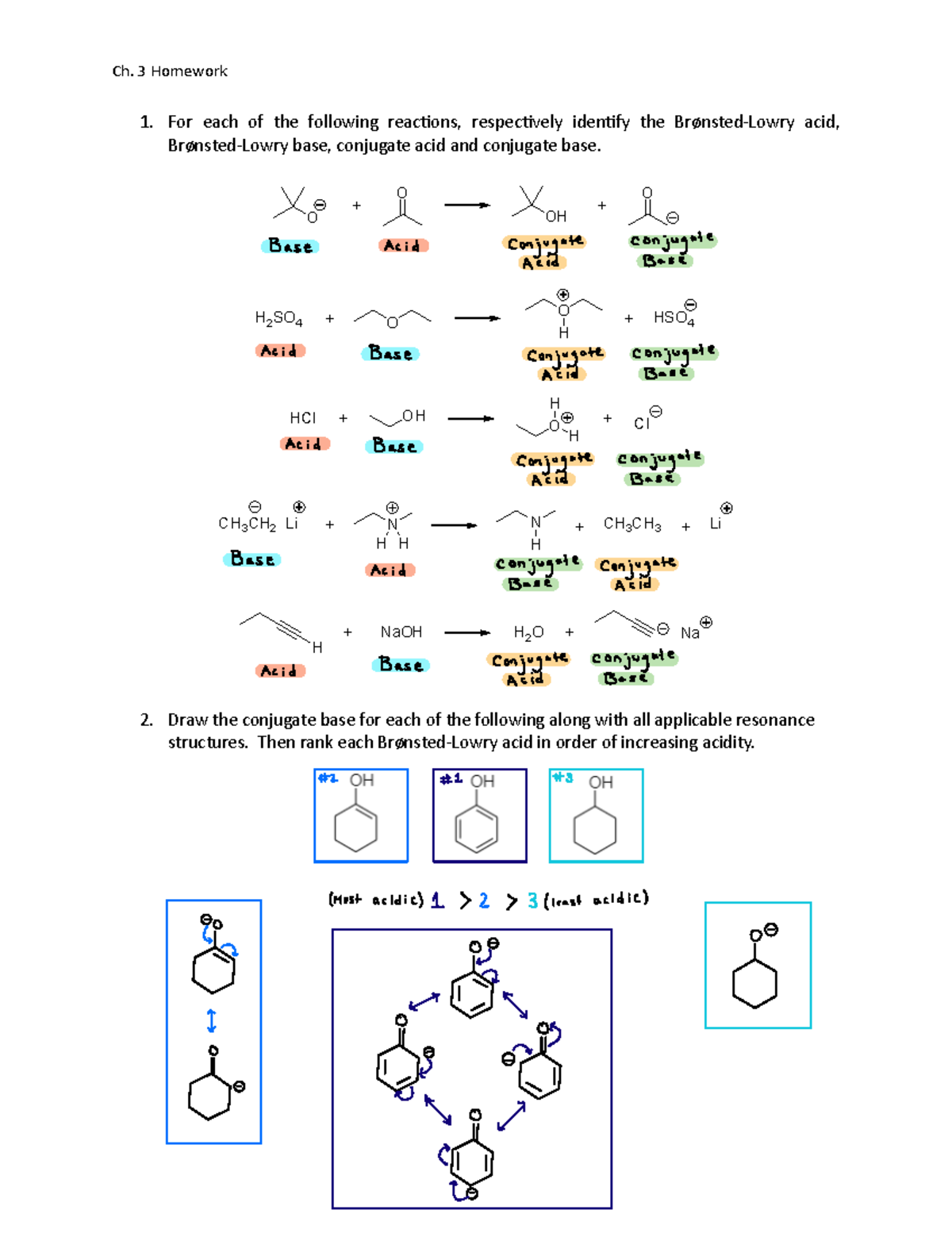 Chapter 3 Homework: Acid-Base Reactions and Conjugate Structures - Studocu