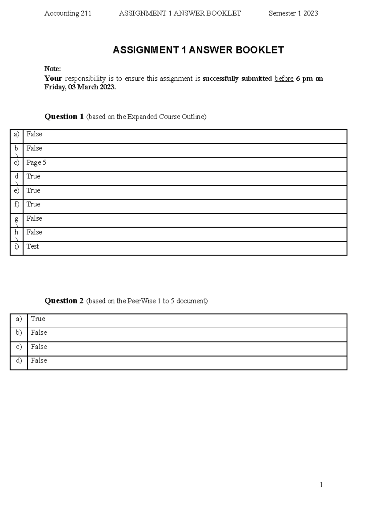 Assignment 1 Answer Booklet - ASSIGNMENT 1 ANSWER BOOKLET Note: Your ...