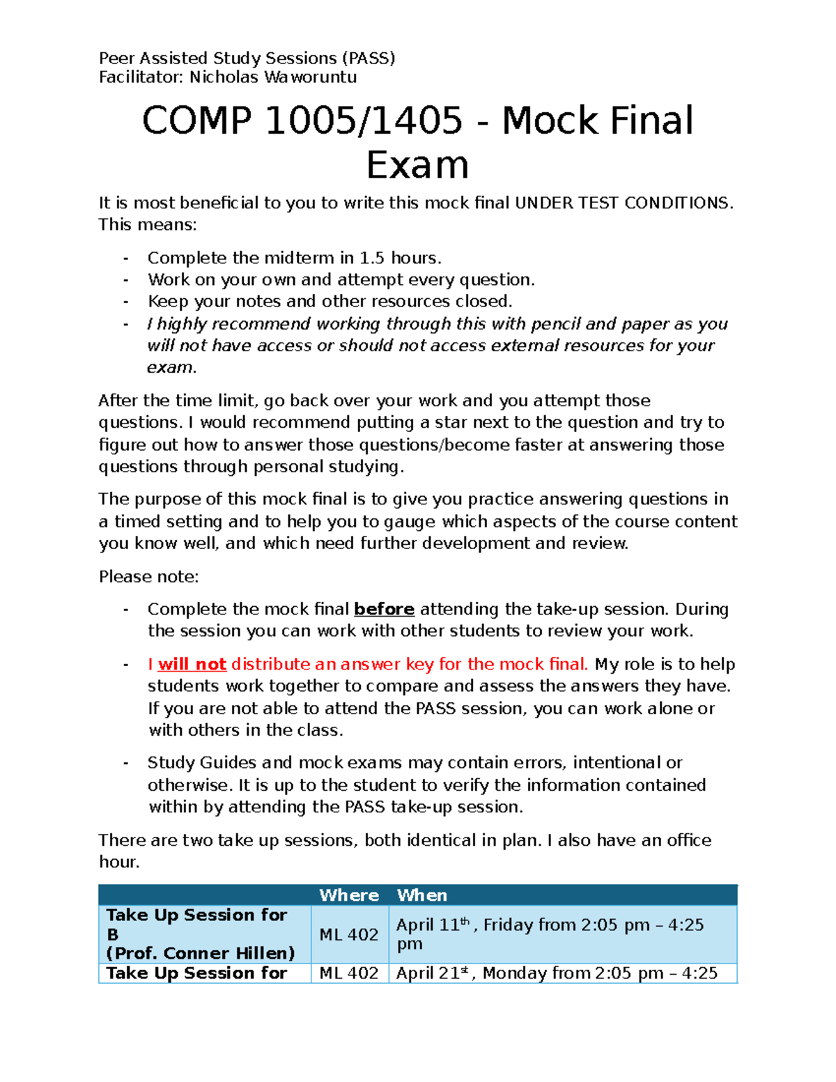 COMP 1005-1405 - Mock Final Exam Guidelines and Practice Questions ...