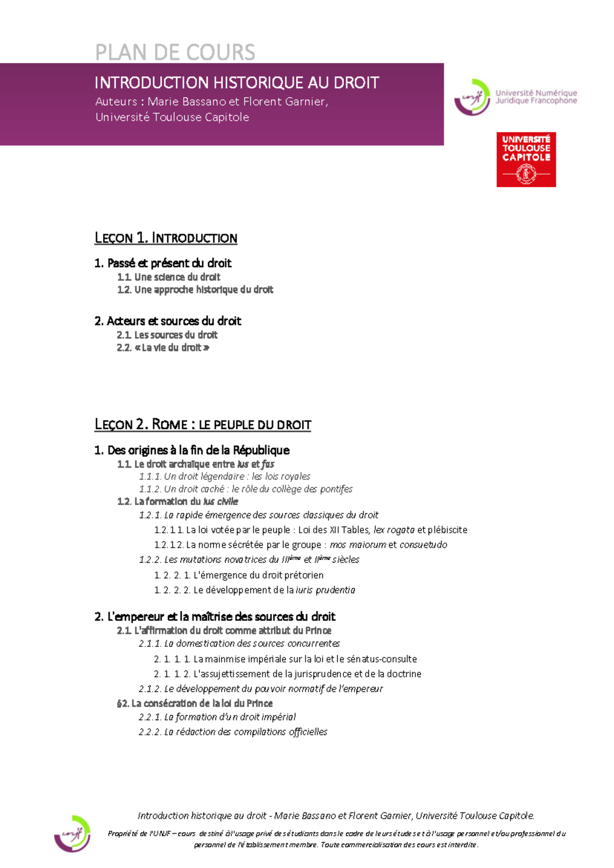 PLAN DE COURS HISTORIQUE AU DROIT - LEÇONS 1 À 10 - Studocu