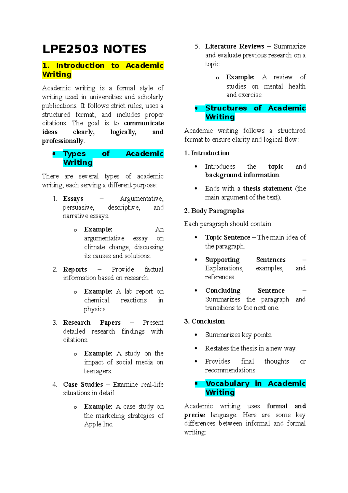 LPE2503 self note - LPE2503 NOTES 1. Introduction to Academic Writing ...