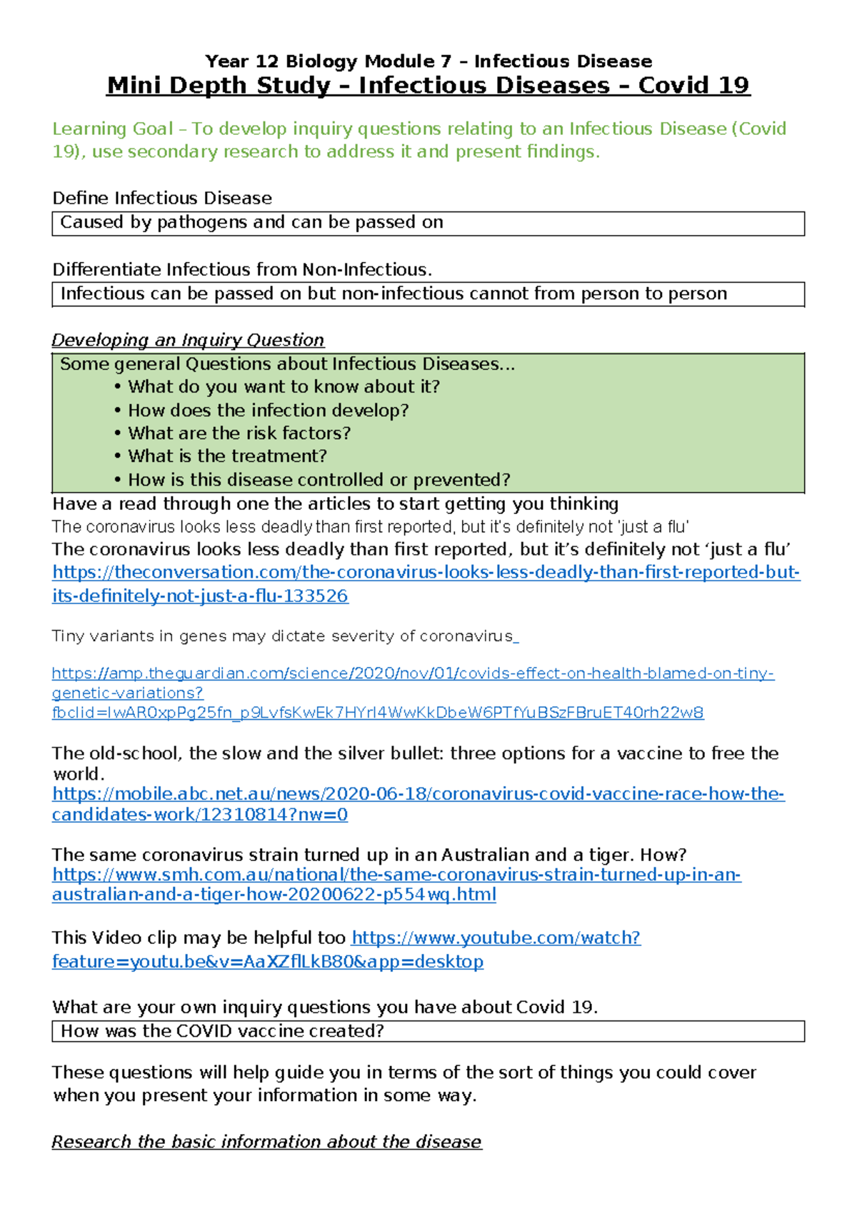 Year 12 Biology Module 7 Mini Depth Study: Covid-19 Inquiry Questions ...