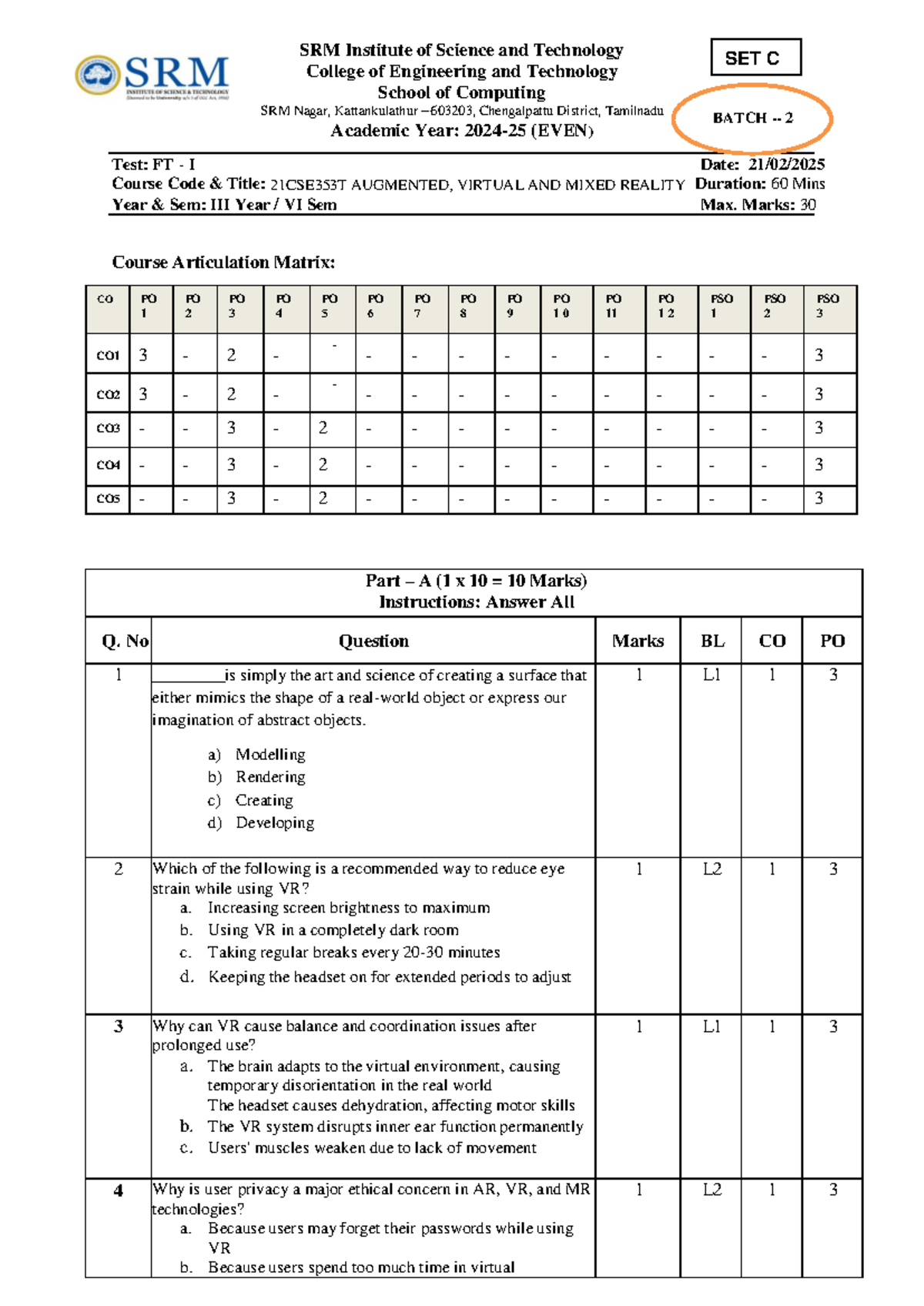 21CSE353T - FT I Augmented, Virtual & Mixed Reality Test Paper - Studocu