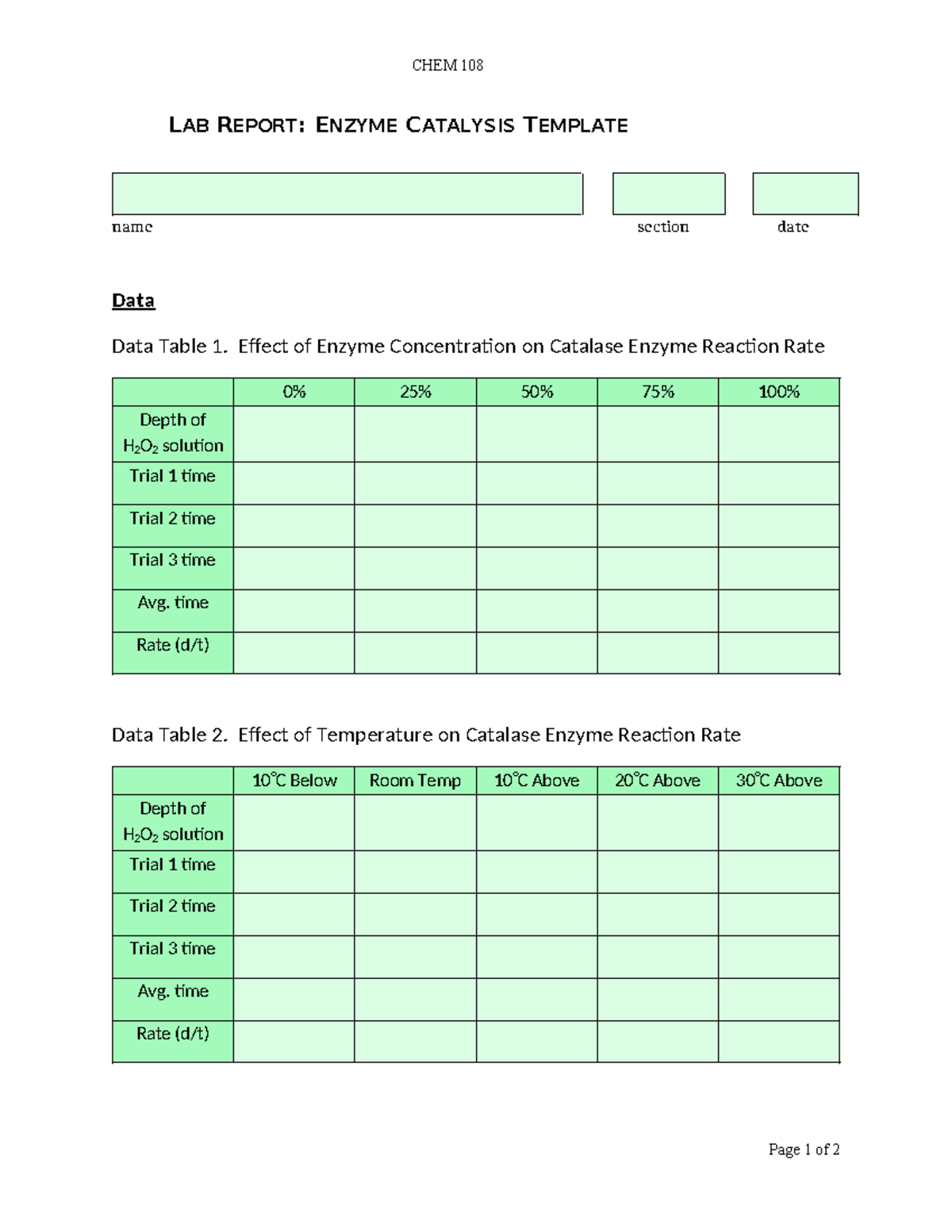 CHEM 108 Lab Report: Enzyme Catalysis Data & Analysis Template - Studocu