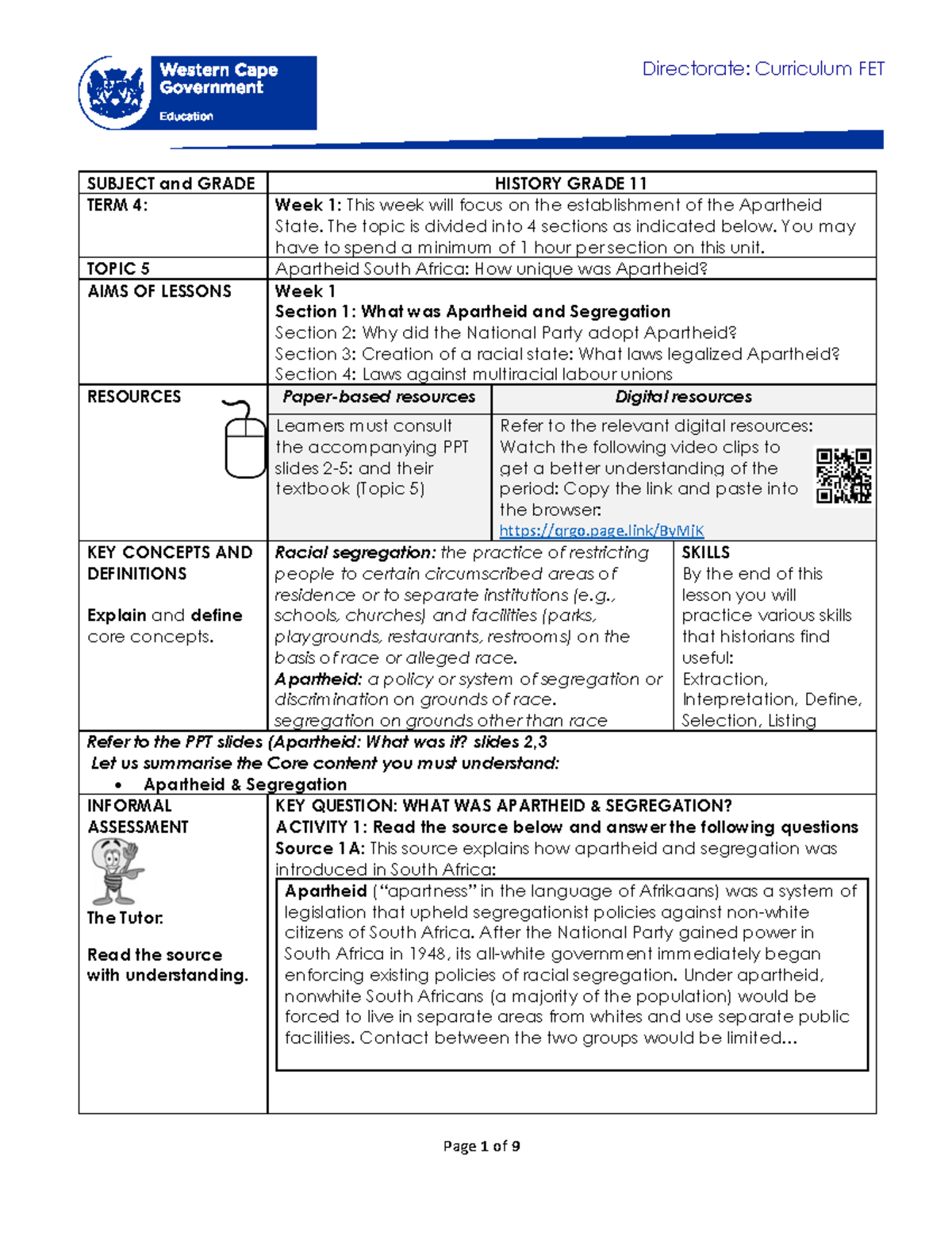 History Grade 11 Term 4 Week 1: Apartheid South Africa Overview - Studocu