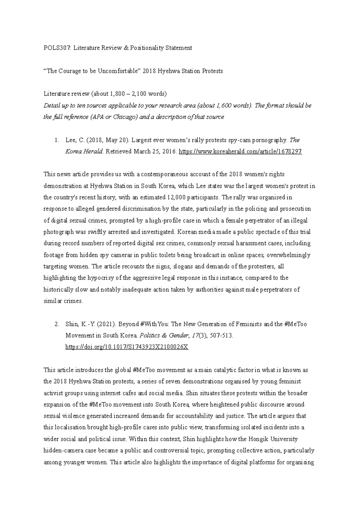 POLS307 Literature Review & Positionality Statement final - POLS307 ...