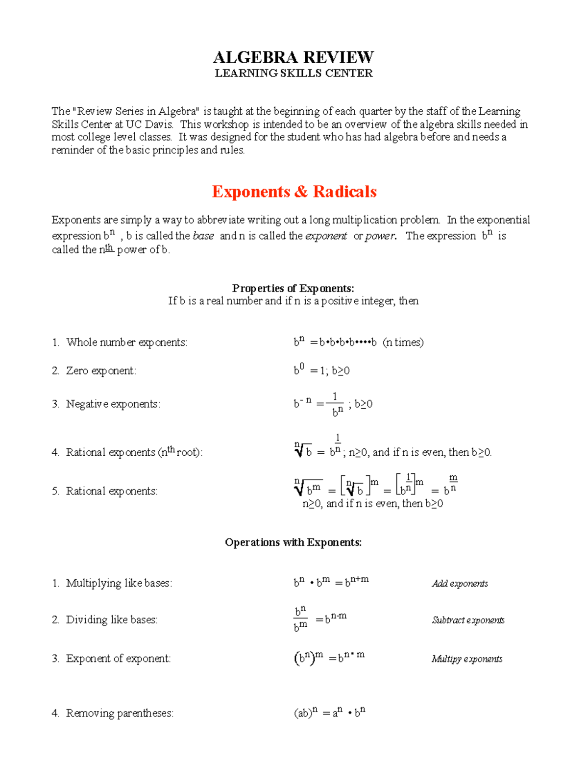 Algebra Review Workshop Notes - UC Davis Learning Skills Center - Studocu