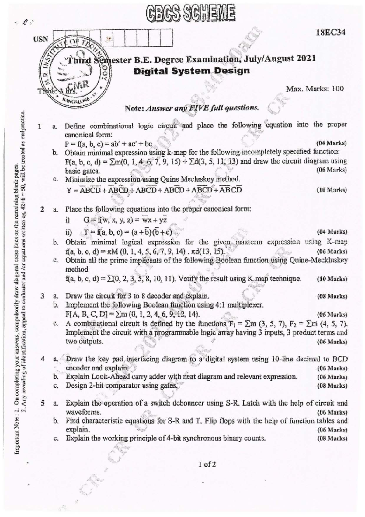 Digital System Design - CBCS 18EC34 - Third Sem Exam Solutions - Studocu