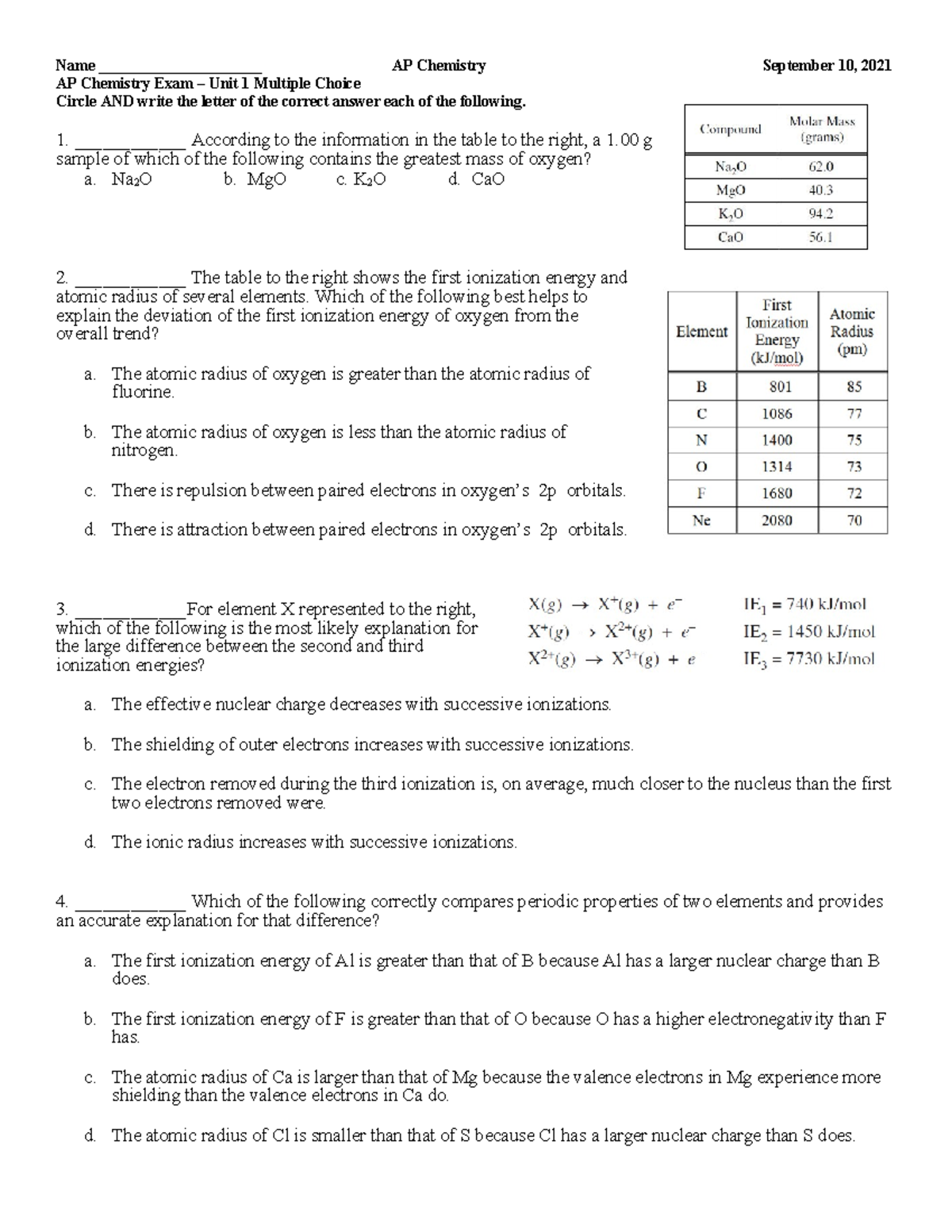 2021 AP Chemistry Exam Unit 1 MC Questions and Answers - Studocu