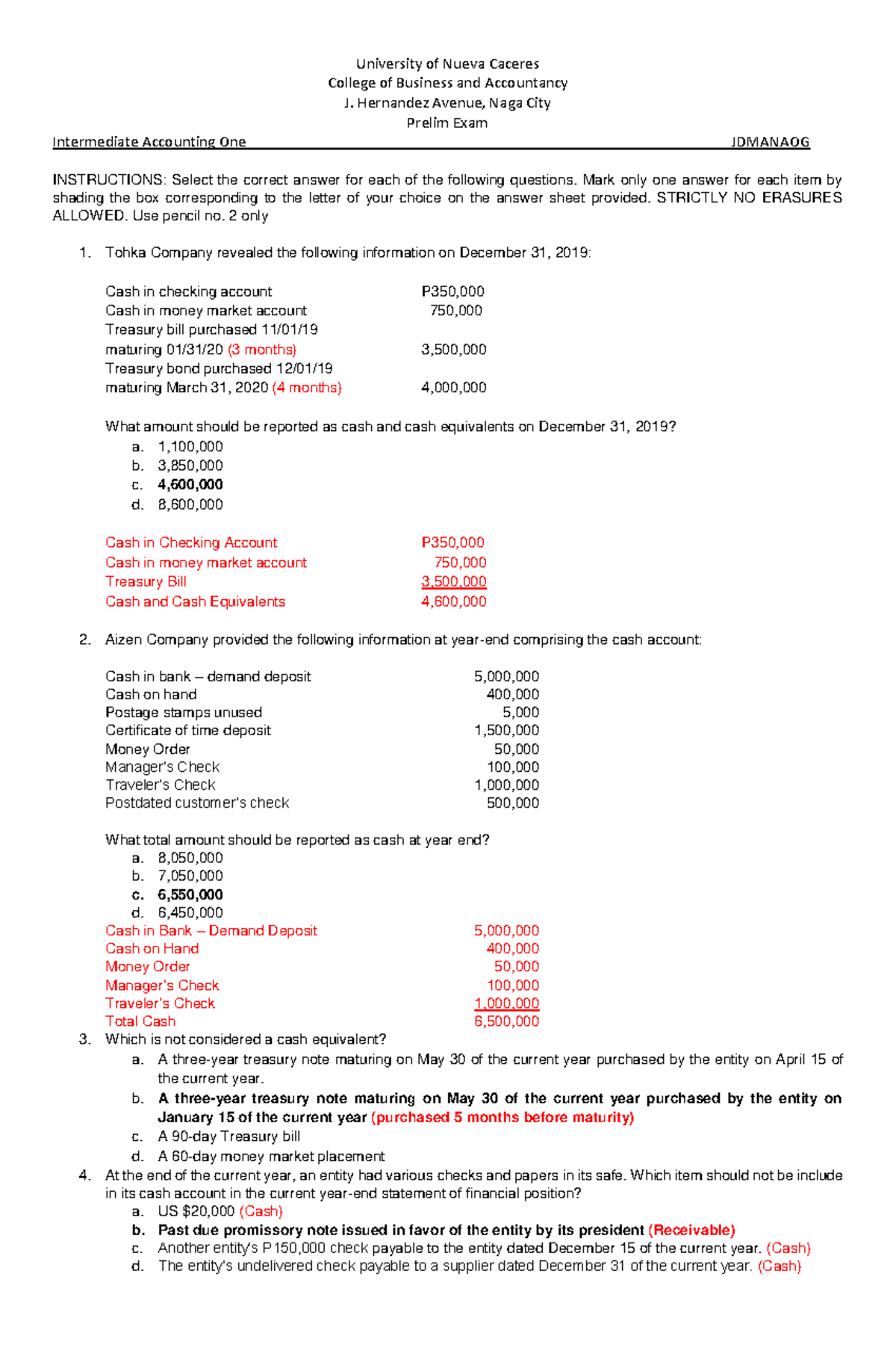 IA Prelim Exam Answer Key for Intermediate Accounting One JDMANAOG ...