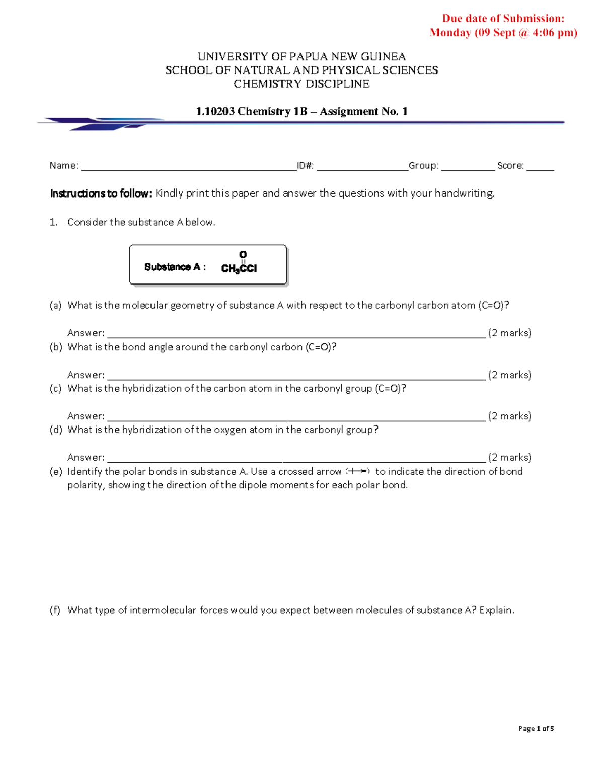 Chem 1B Assignment 1 - Detailed Questions and Answers - Studocu