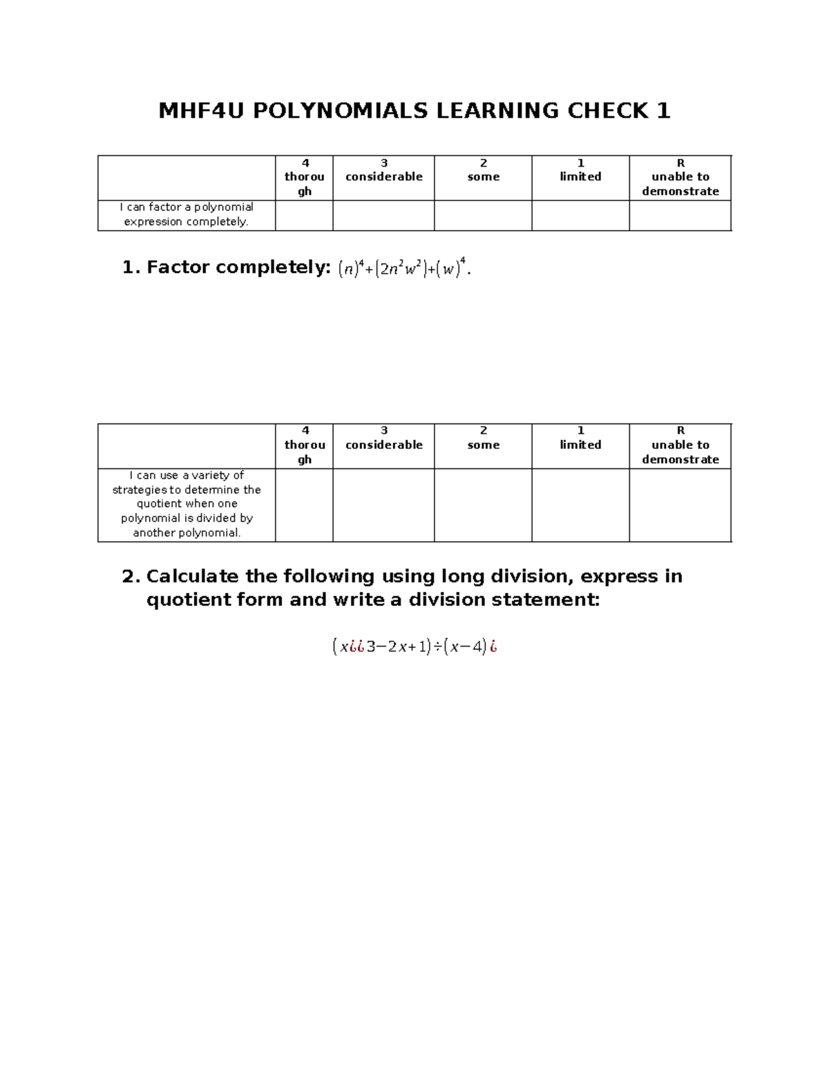 LC 1 Polynomials - Math notes - MHF4U POLYNOMIALS LEARNING CHECK 1 4 ...