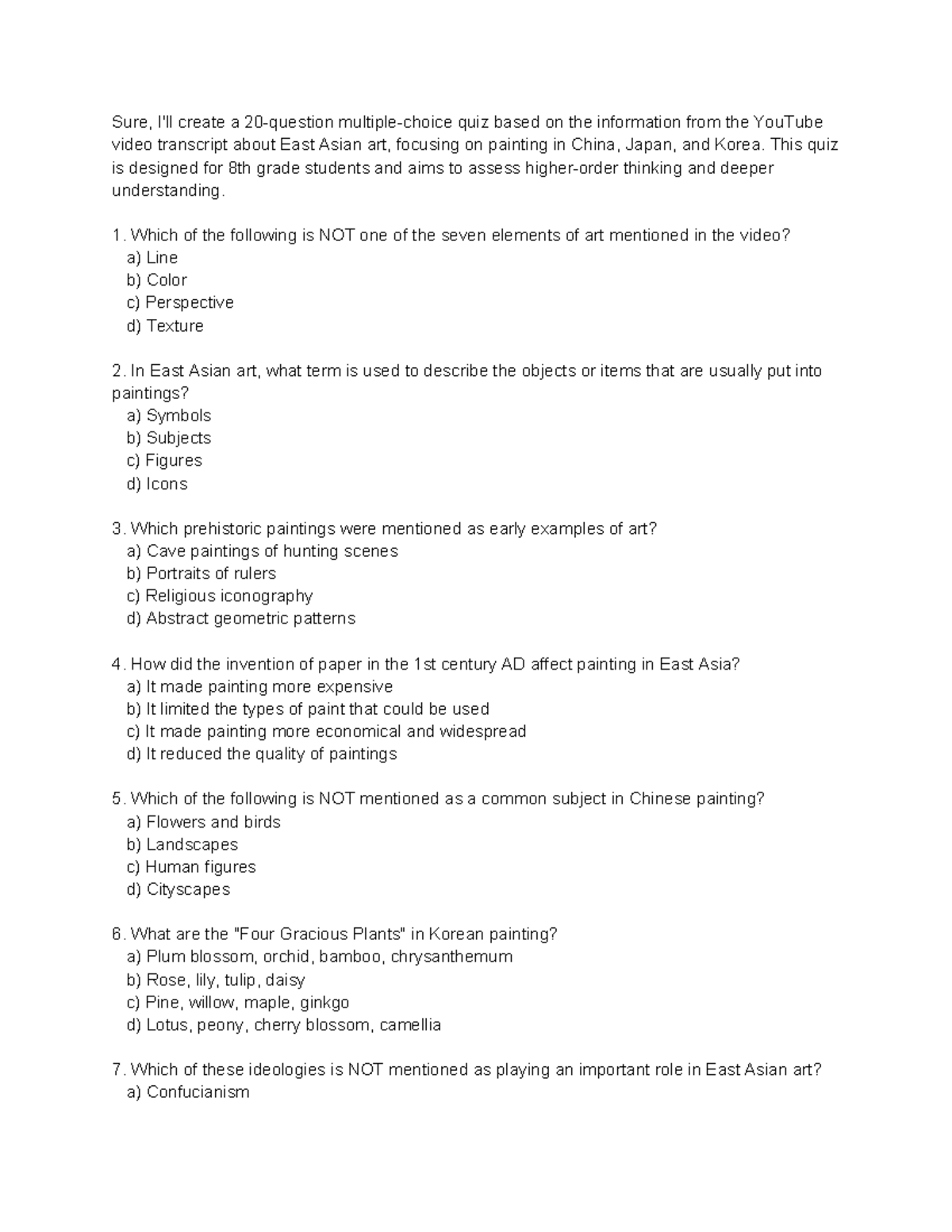 Grade Level 8 - Quiz - activity sheet - Sure, I'll create a 20-question ...