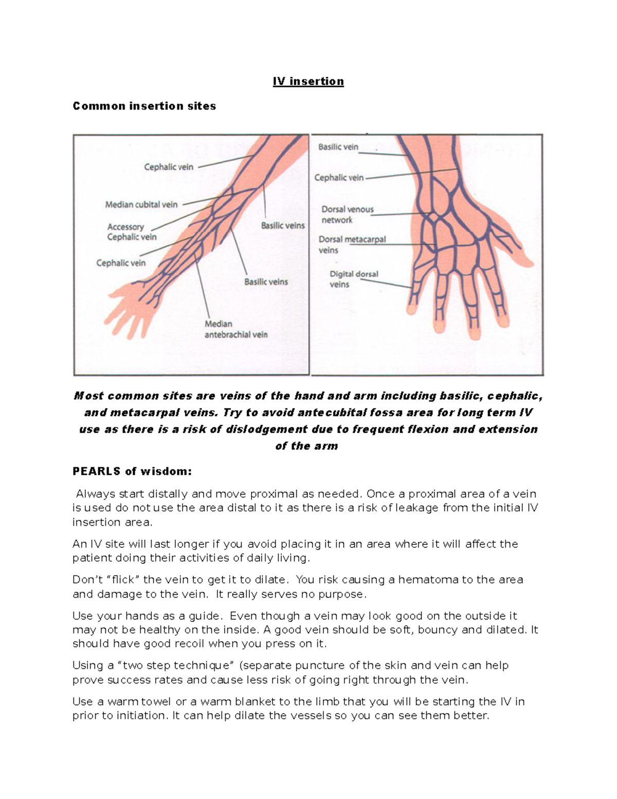 IV Insertion Technique Handout 121: Key Points and Best Practices - Studocu