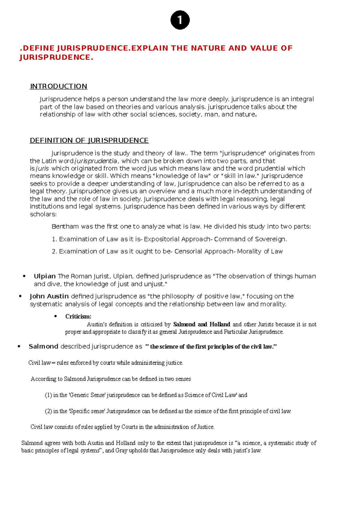 Jurisprudence Exam Notes: Nature, Value, and Theories of Law - Studocu