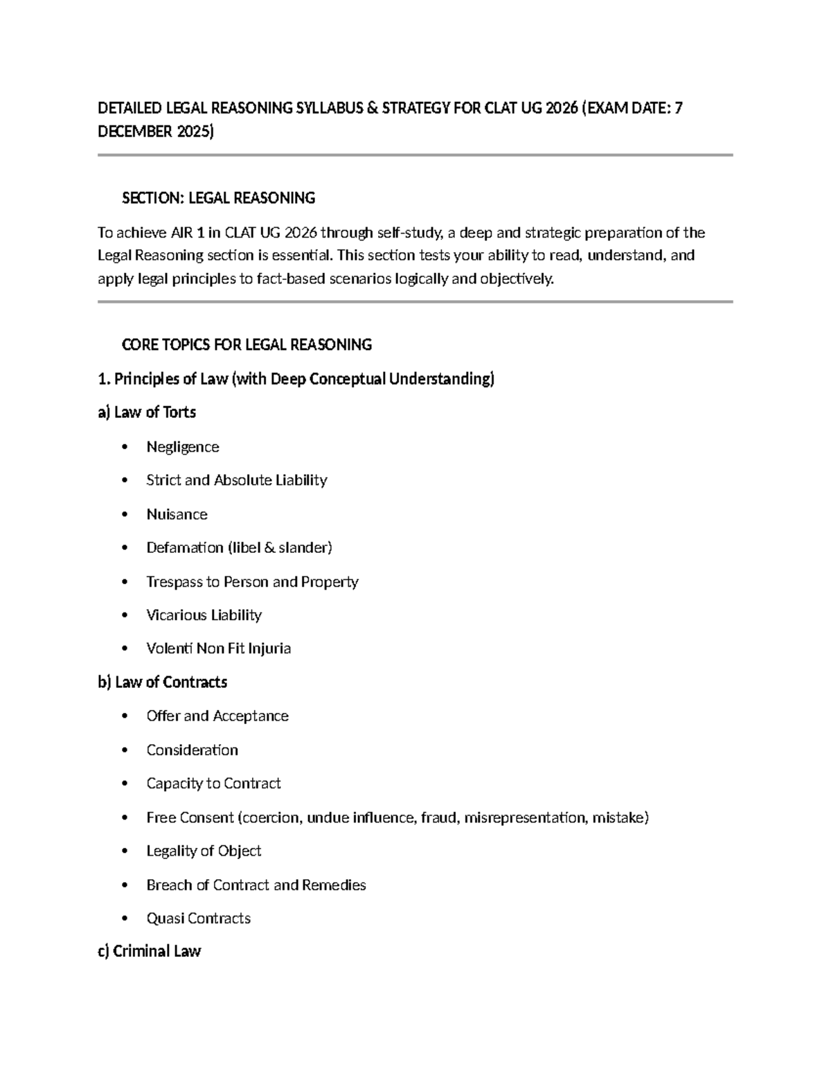 CLAT UG 2026 Legal Reasoning Syllabus & Strategic Study Plan - Studocu
