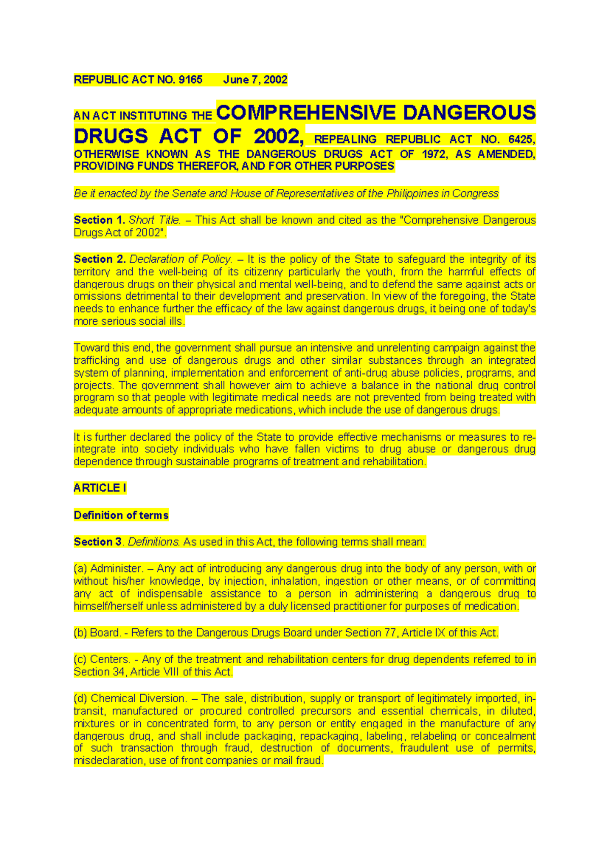 Comprehensive Dangerous Drugs Act of 2002 - RA 9165 - Studocu