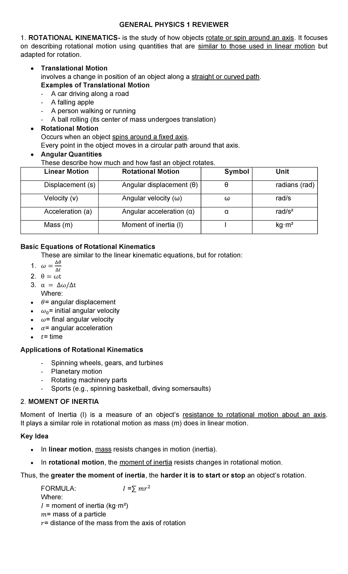 GEN PHYSICS 1 REVIEWER: ROTATIONAL KINEMATICS OVERVIEW - Studocu