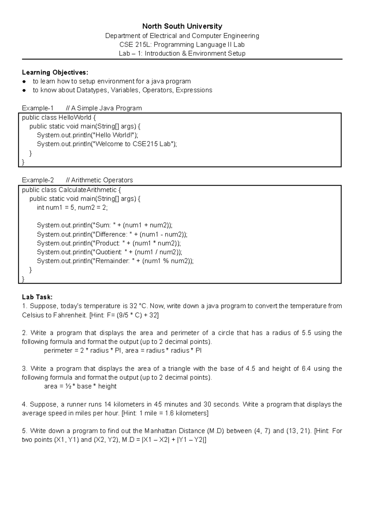 CSE215 Lab01 - CSE 215 lab manual 1 for practice - North South ...