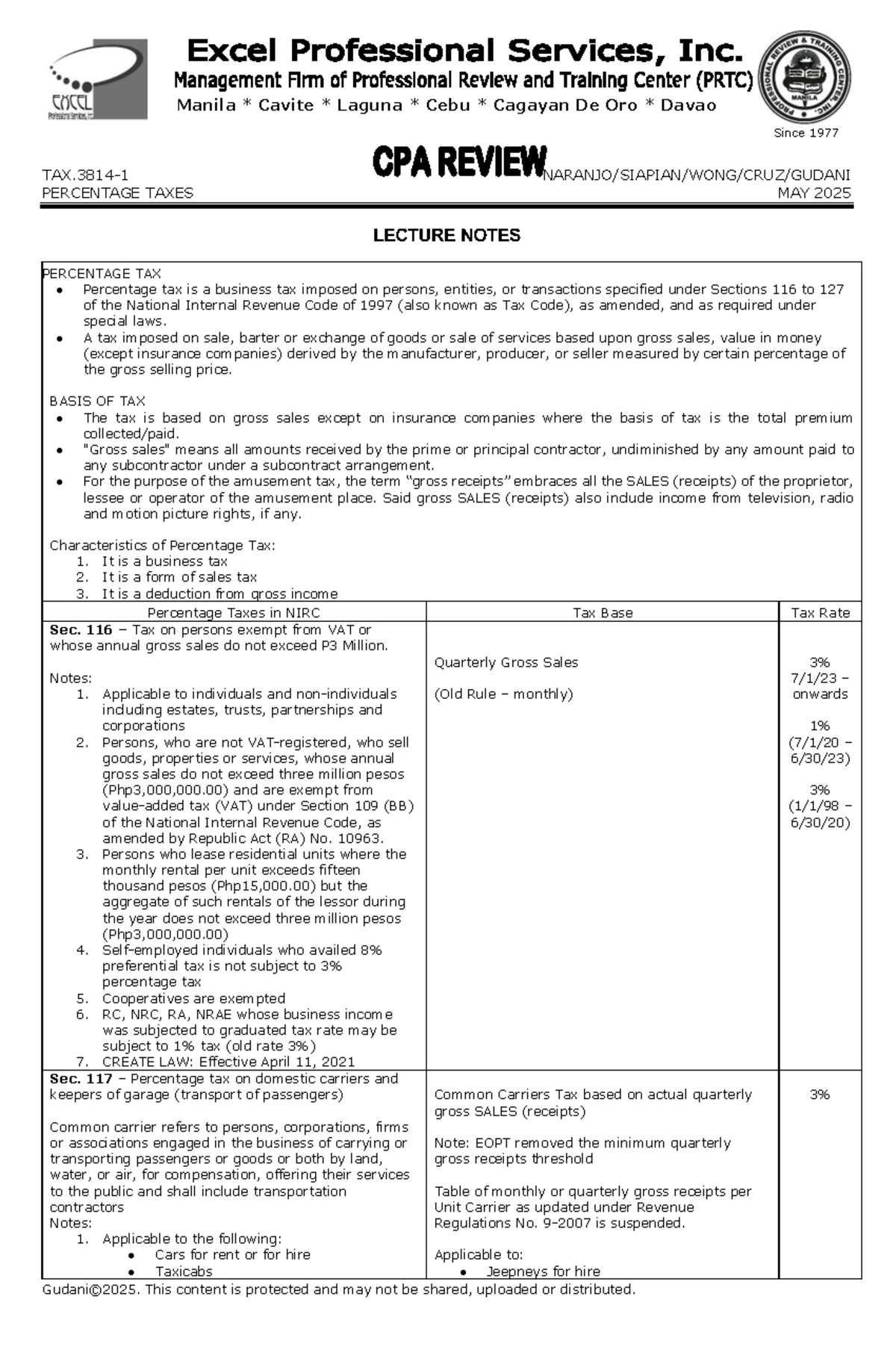 TAX - Reviewer: Percentage Taxes Lecture Notes (May 2025) - Studocu