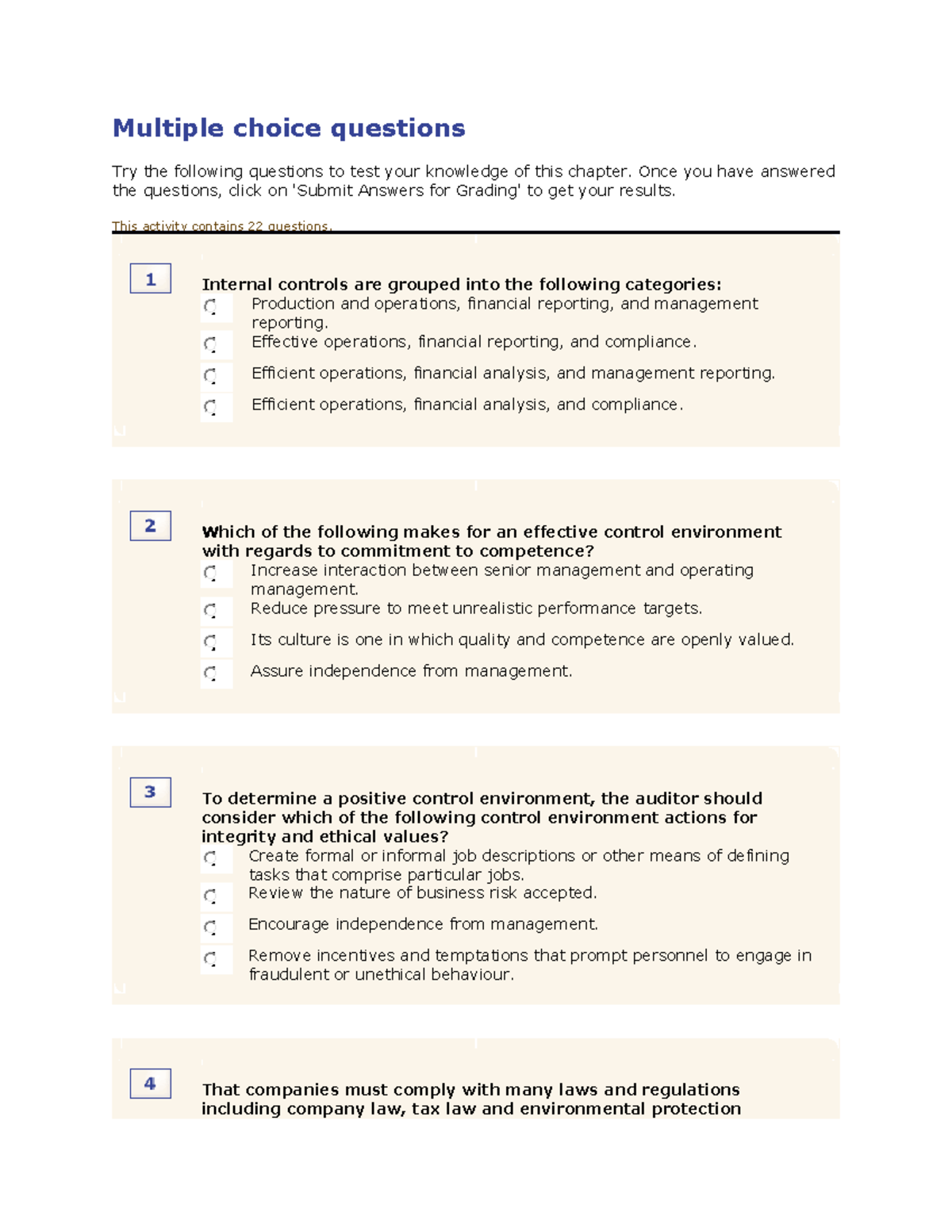 Internal Controls: MCQ on Chapter Topics and Auditor Considerations ...