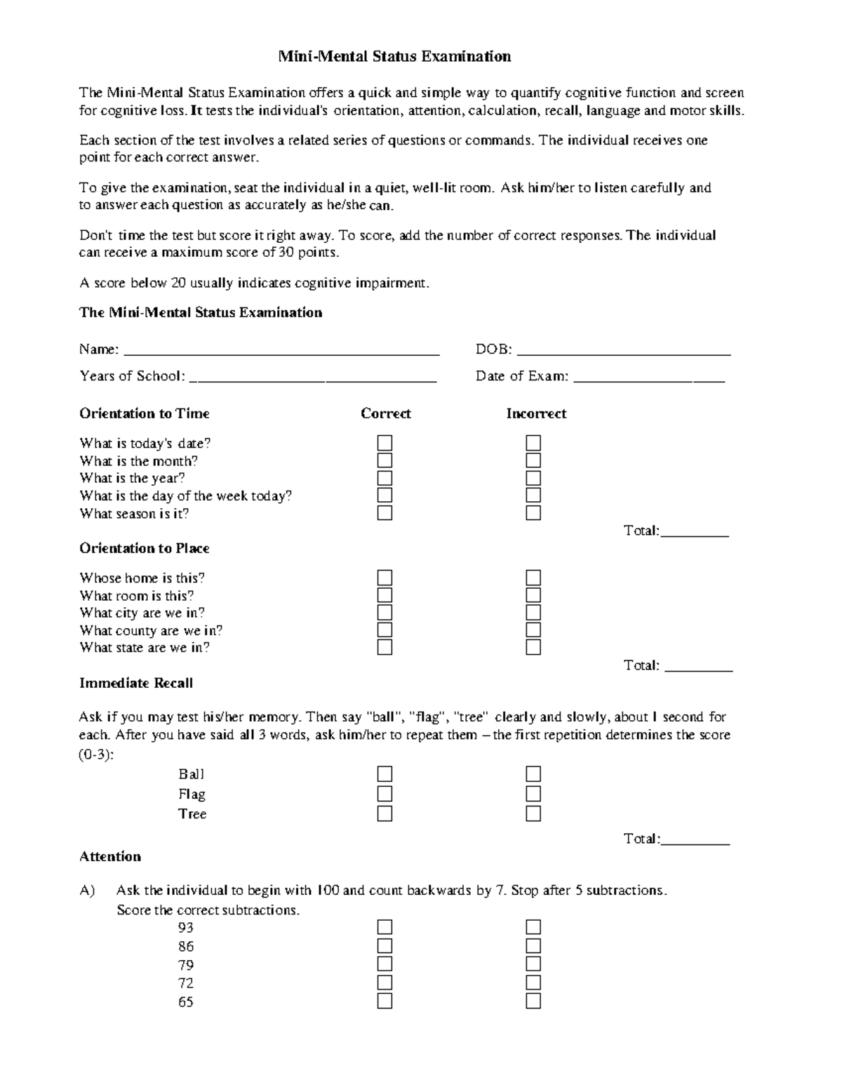 Mini-Mental Status Examination: Cognitive Function Assessment - Studocu