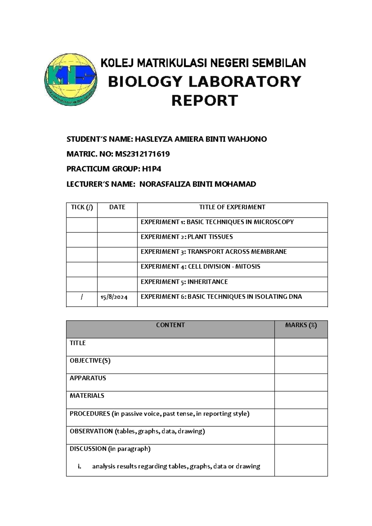 LAB Report Sem 1: Basic Techniques in Isolating DNA (BIO 101) - Studocu