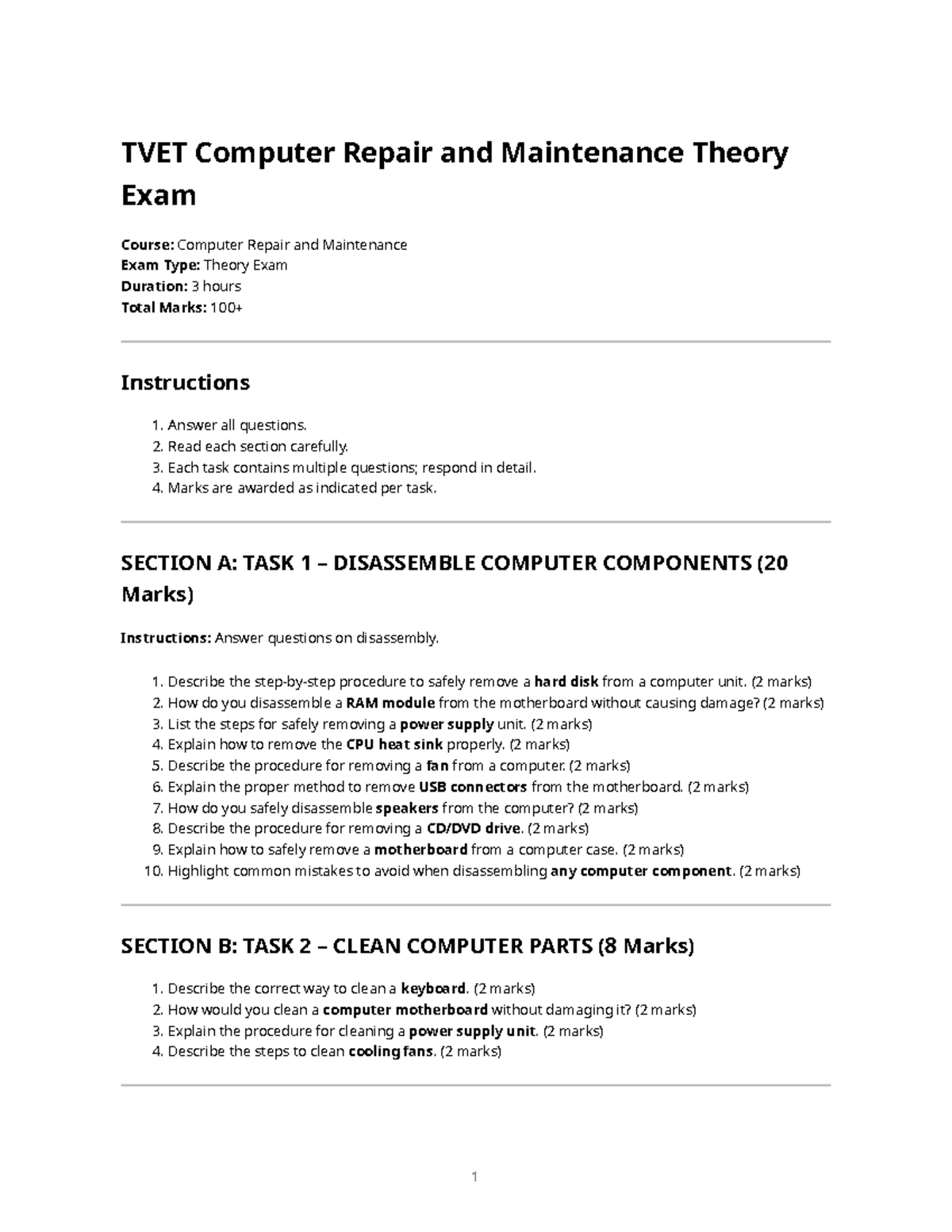 TVET Computer Repair & Maintenance Theory Exam Guide - Studocu