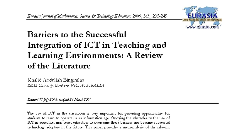 Barriers to the successful integration of ict in teaching and learning ...
