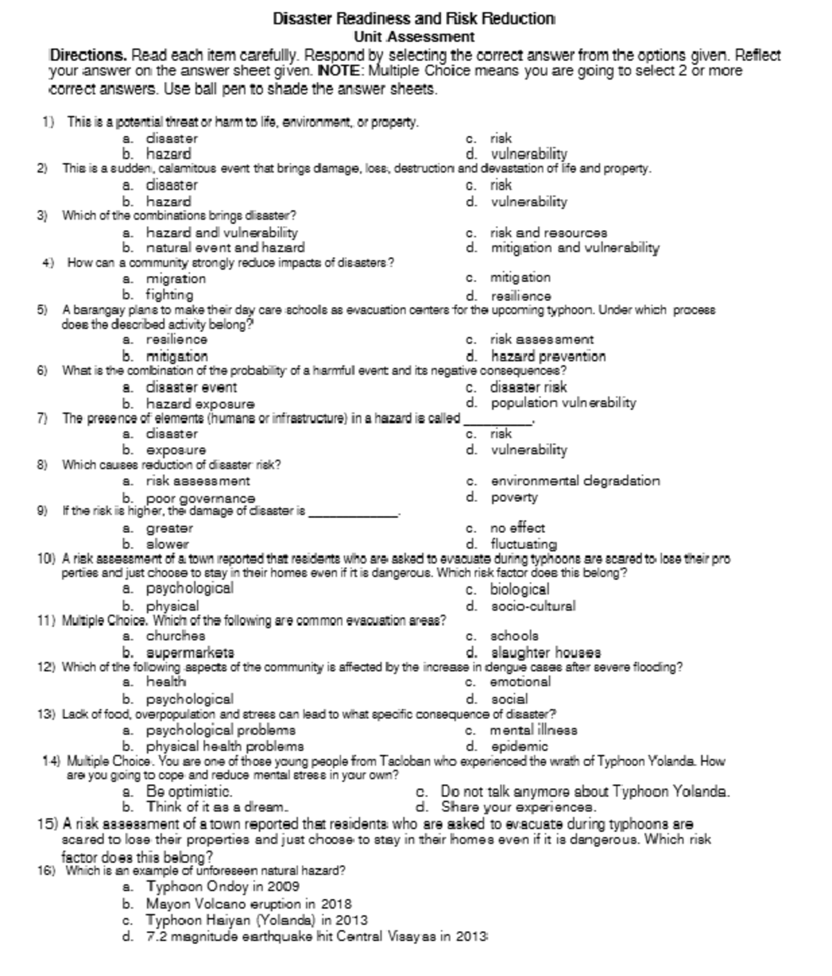 Disaster readiness and risk reduction unit assessment guide - Studocu