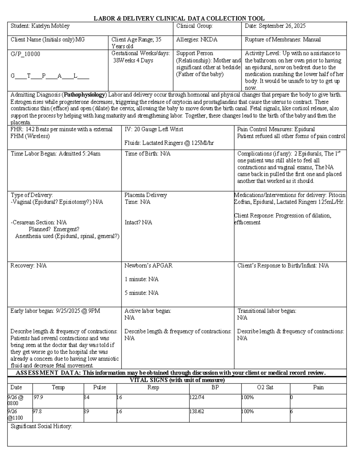 NUR2440C Labor and Delivery Clinical Data Collection Tool - Studocu