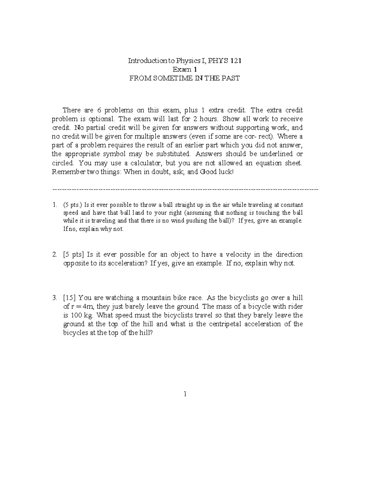 Sample Exam 1 for PHYS 121: Introduction to Physics I - Studocu