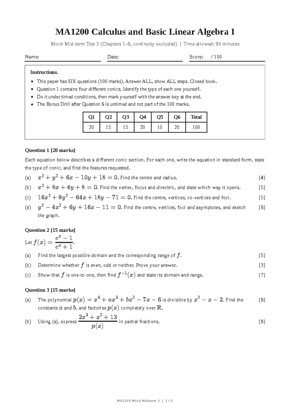 MA1200 Calculus and Basic Linear Algebra I Mock Midterm 3 Exercise ...