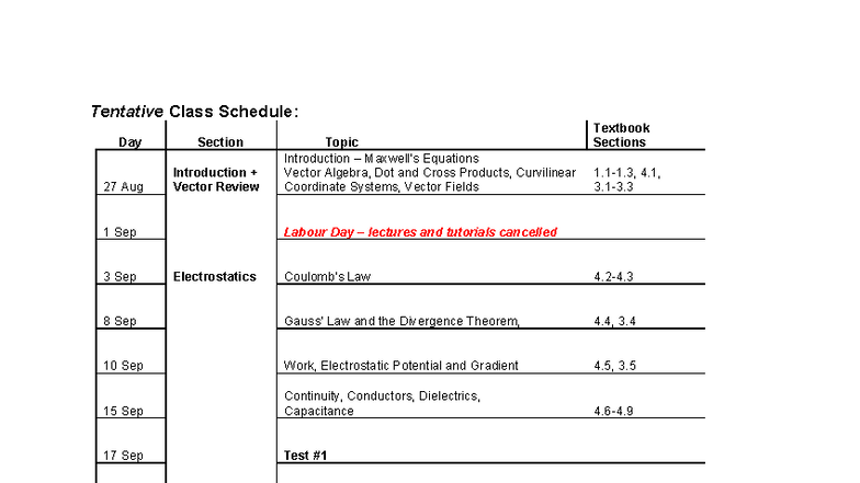 Syllabus F2025 revised - Tentative Class Schedule: Day Section Topic ...