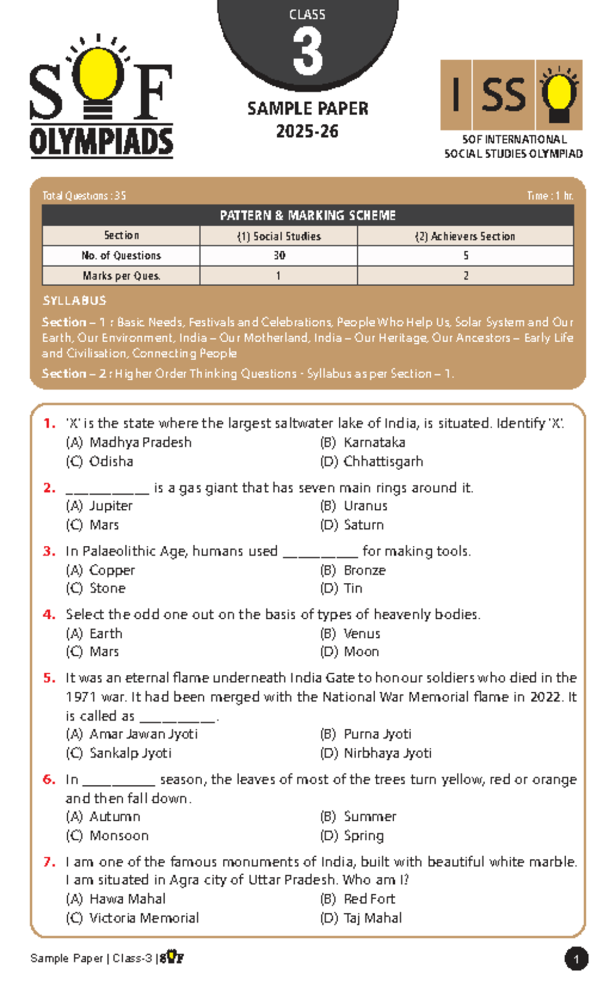 CLASS 3 SAMPLE PAPER SOF INTL SOCIAL STUDIES OLYMPIAD 2025-26 - Studocu