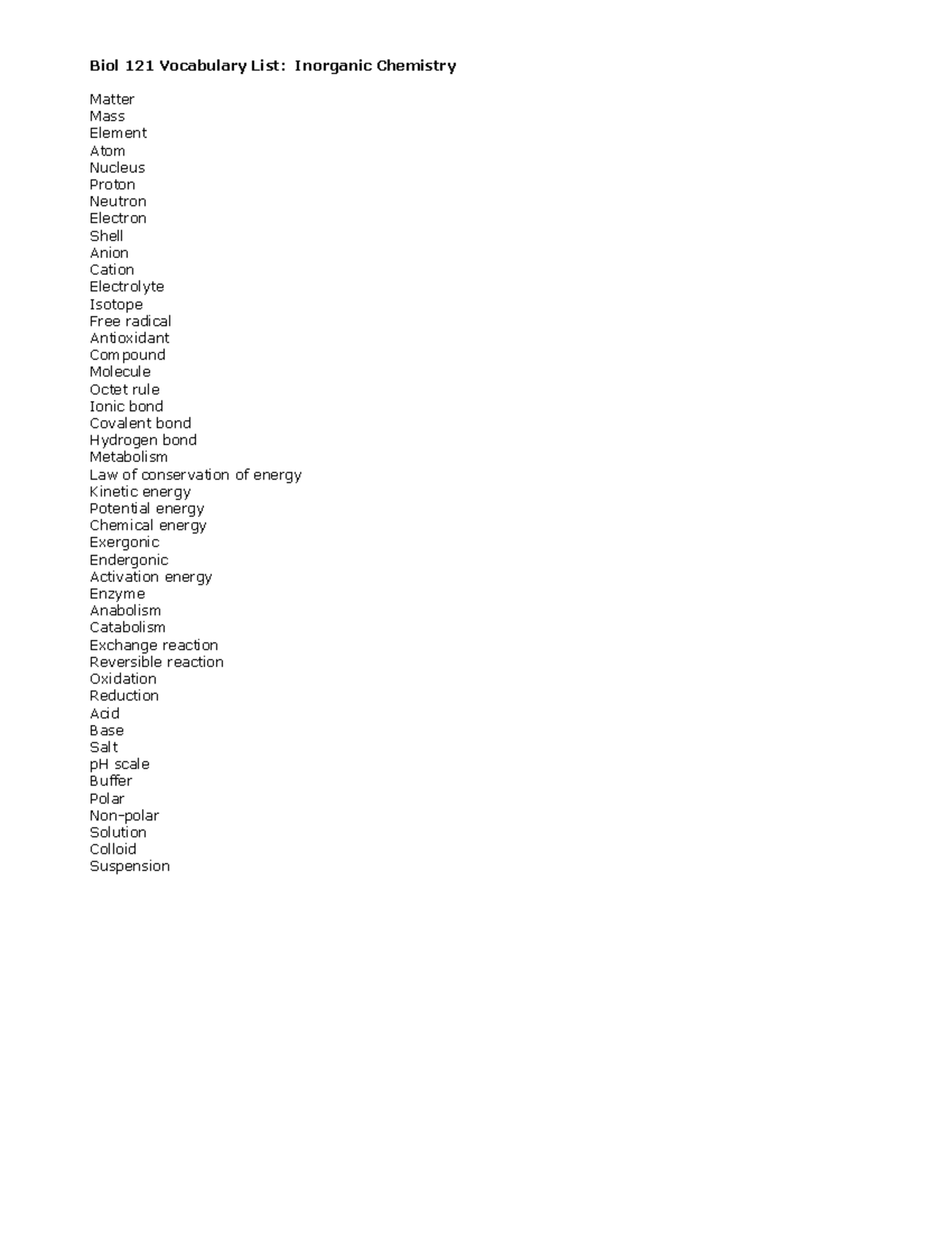 Biol 121 Vocabulary List: Key Terms in Inorganic Chemistry - Biol 121 ...