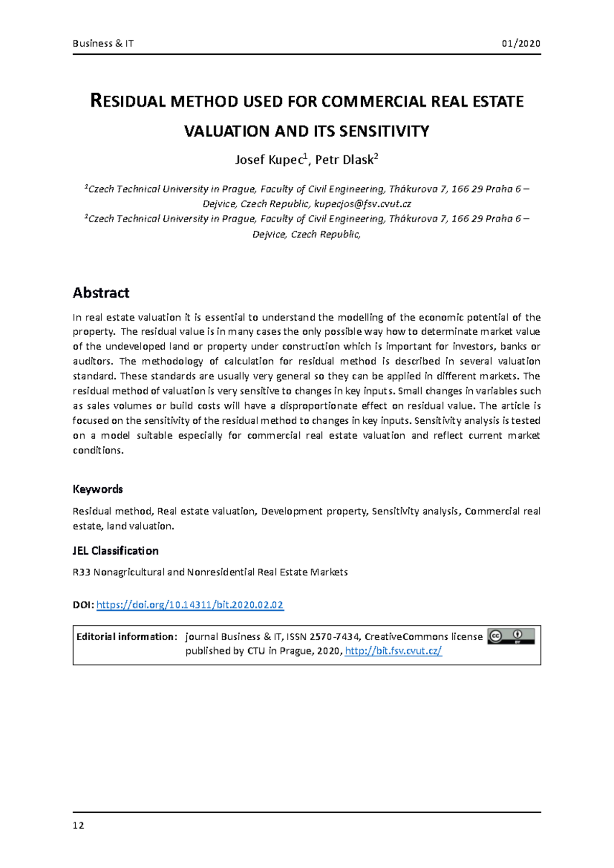Residual Method in Commercial Real Estate Valuation: Sensitivity ...