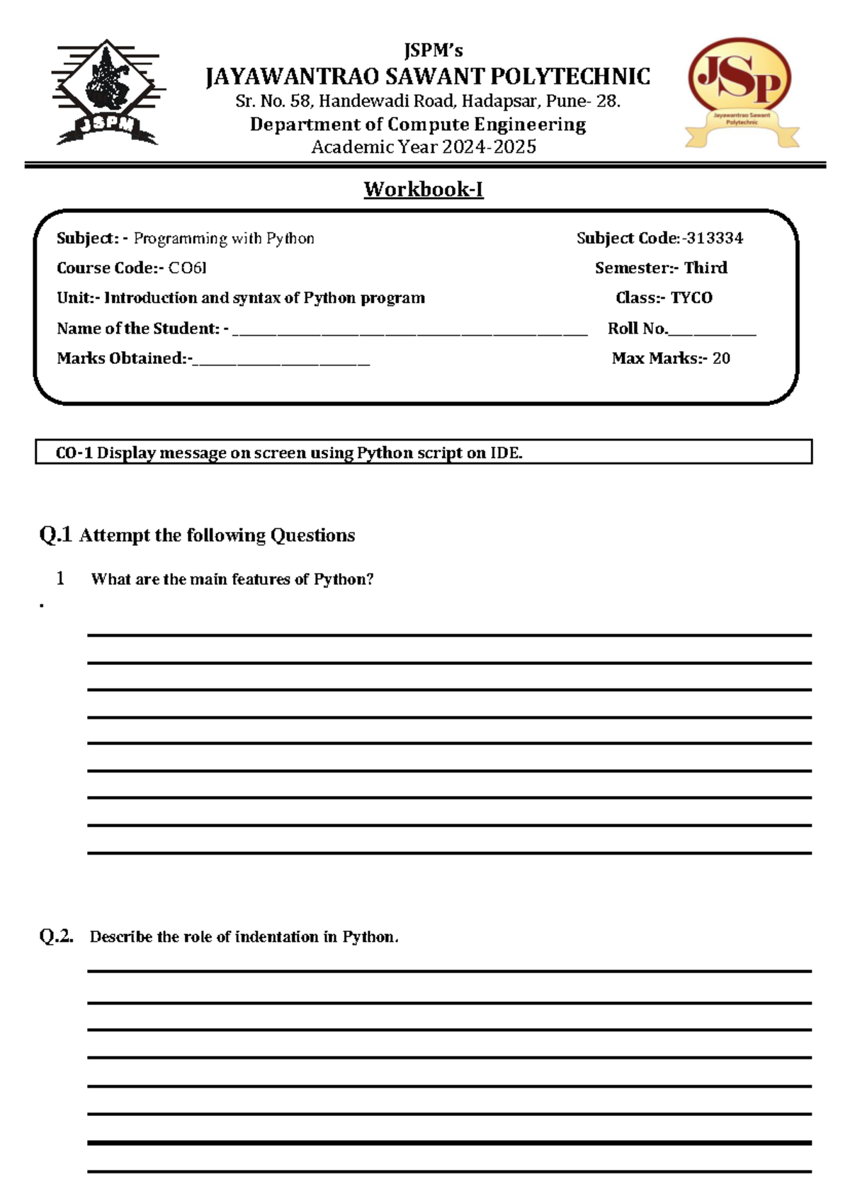 PWP 18.ii. Workbook 1 - Workbook-I CO- 1 Display message on screen ...