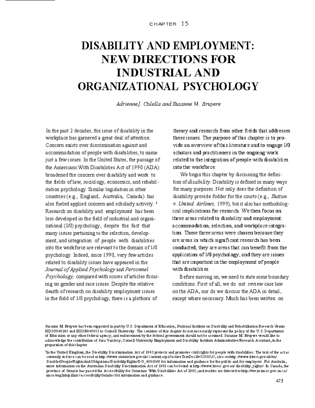 CHAPTER 15: DISABILITY AND EMPLOYMENT IN INDUSTRIAL PSYCHOLOGY ...