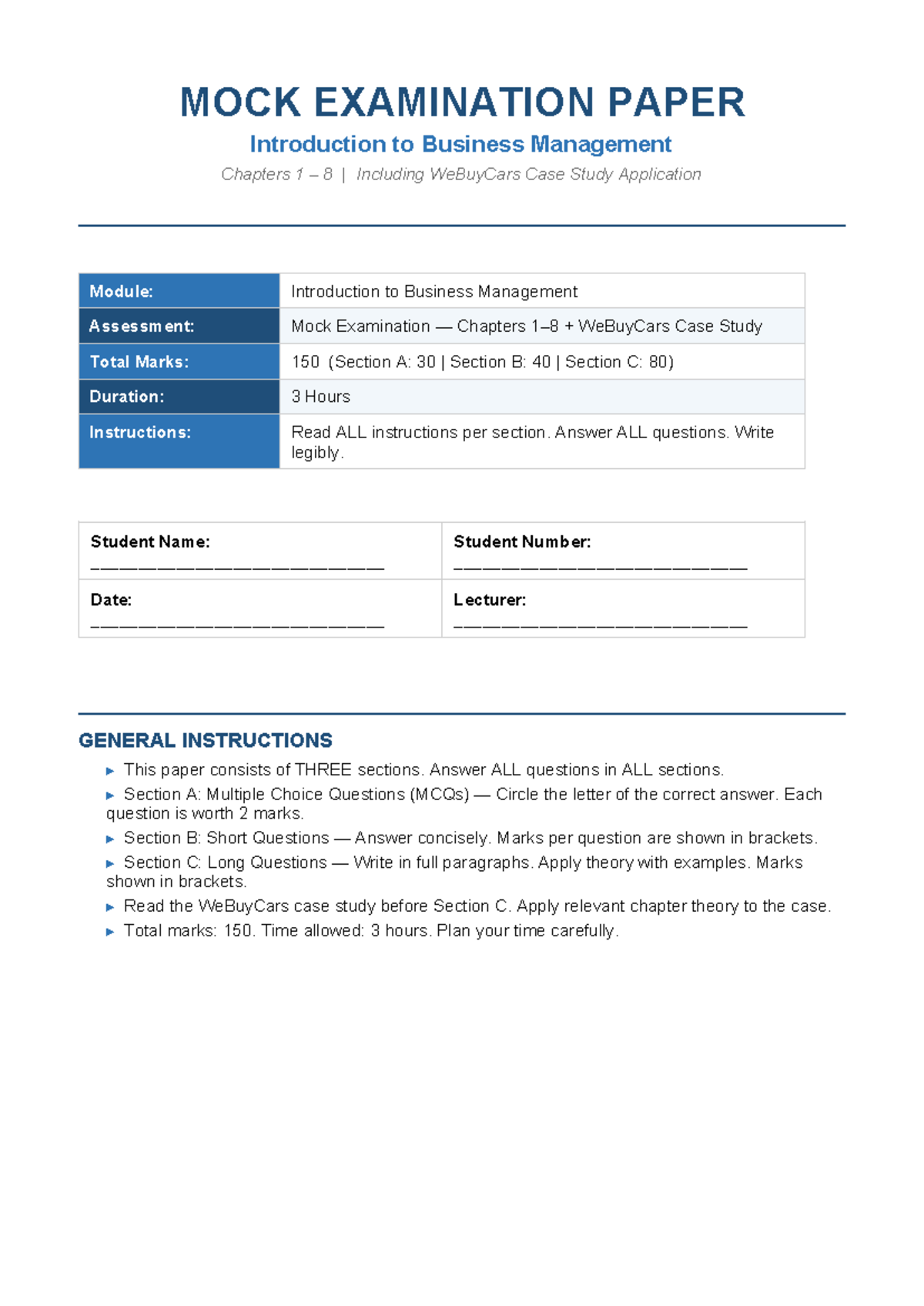 Mock Exam: Introduction to Business Management (IMB101) - WeBuyCars ...