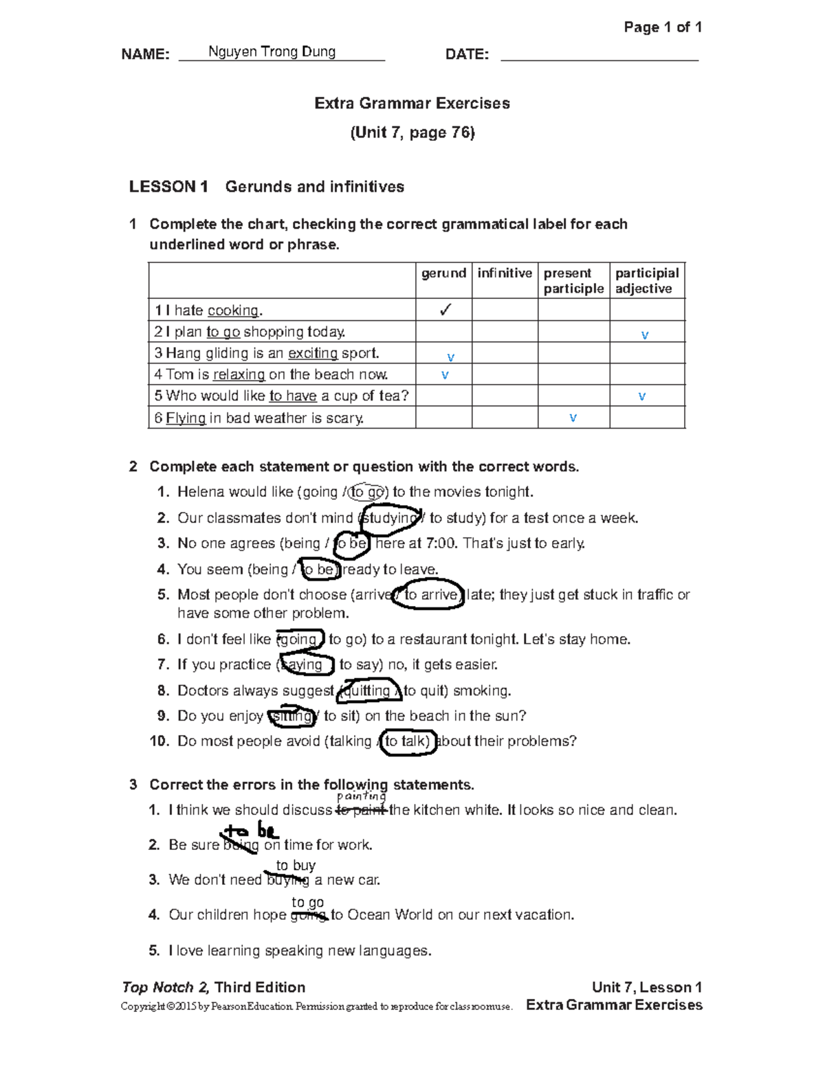 Unit 07 Grammar Exercises: Gerunds and Infinitives (TOP NOTCH 2) - Studocu