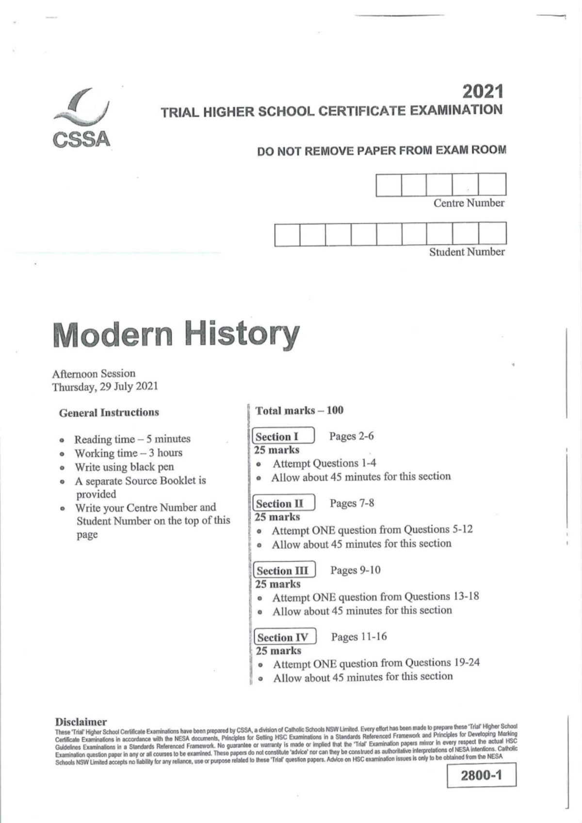 2024 HSC Modern History Trial Exam Paper - Core Study Questions - Studocu