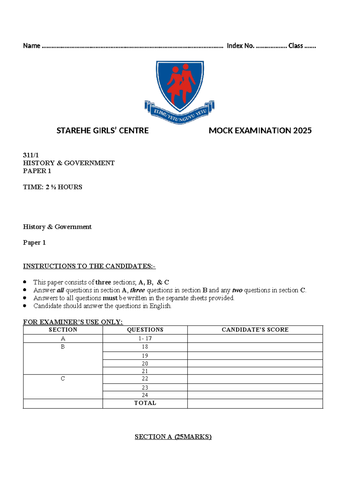 HIST 2025 Mock Exam Paper 1 - Government History - Studocu