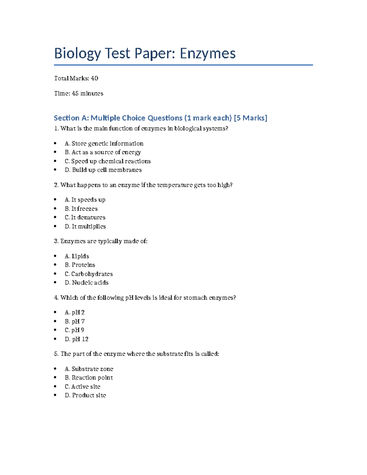 CAIE Biology Test Paper: Enzymes - MCQs and Answers - Studocu