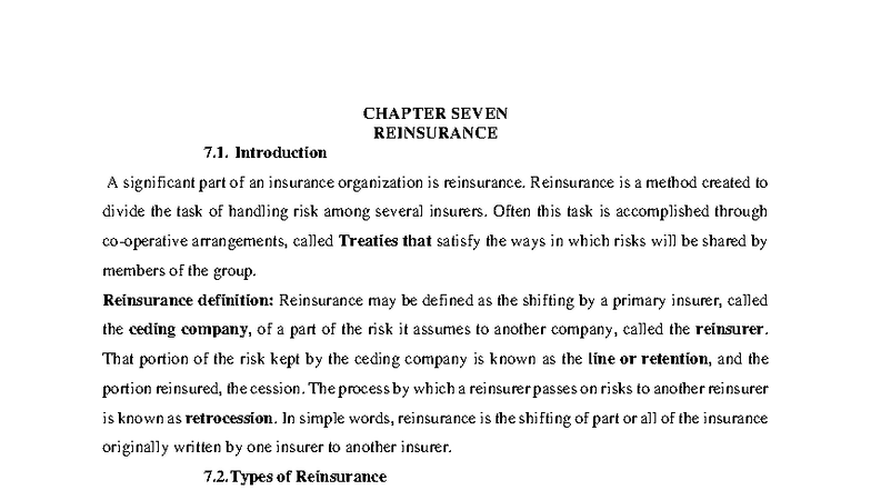 CH7 Reinsurance - Comprehensive Notes on Types and Benefits - Studocu