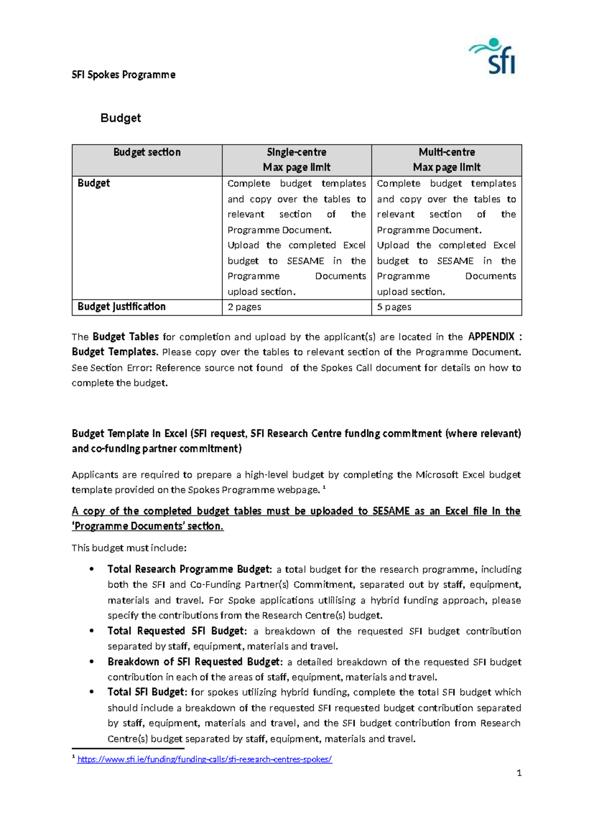 SFI Spokes Programme Budget Template and Justification Guide - Studocu