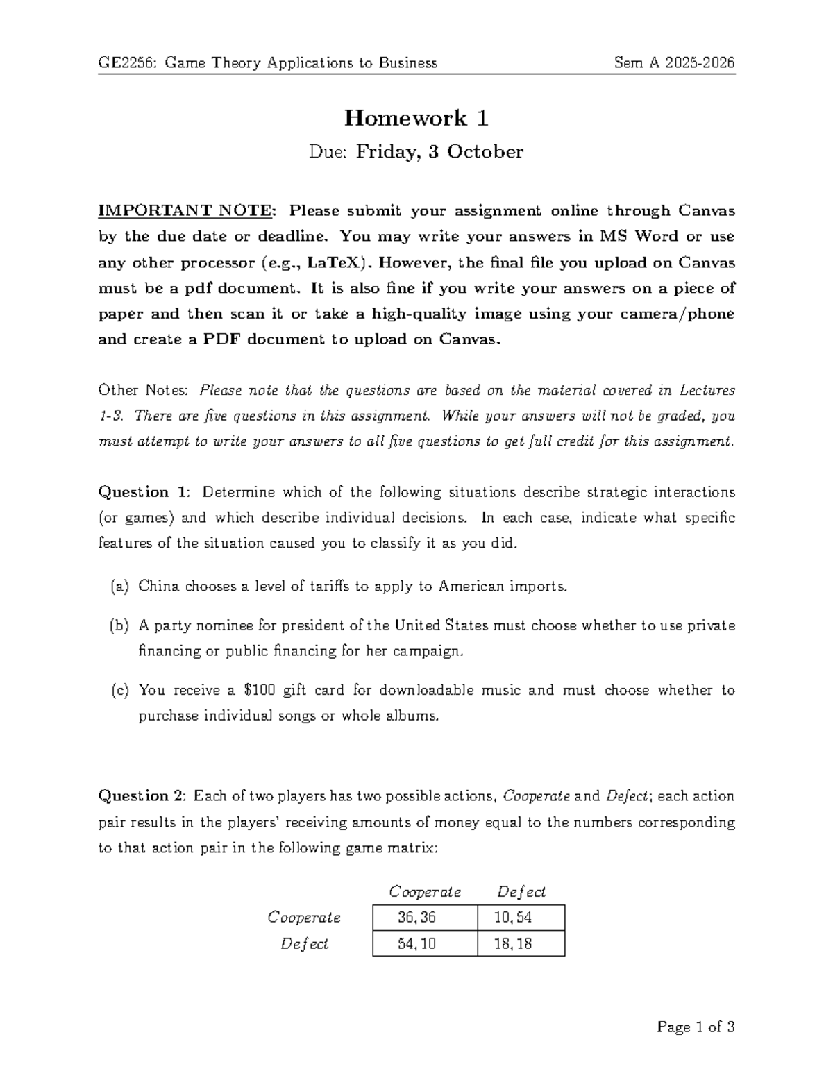 GE2256: Game Theory Applications to Business Sem A Homework 1 Guide ...