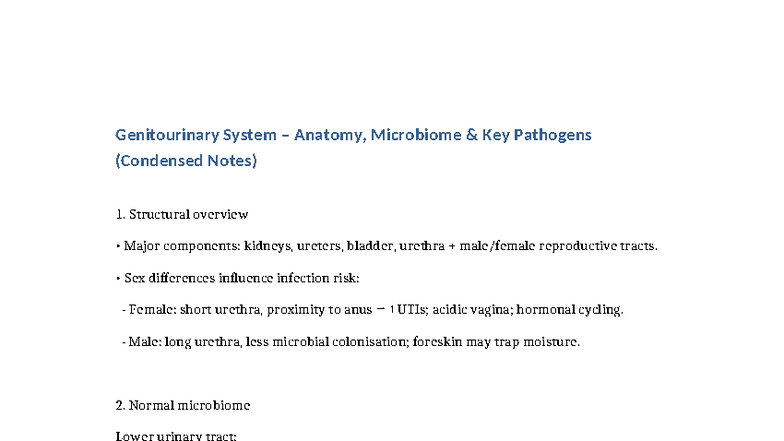 Genitourinary System Anatomy & Microbiome Key Pathogens Notes - Studocu