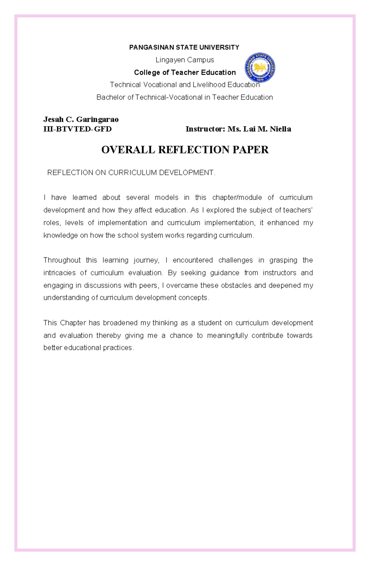 Reflection Paper on Curriculum Development - III-BTVTED-GFD - Studocu
