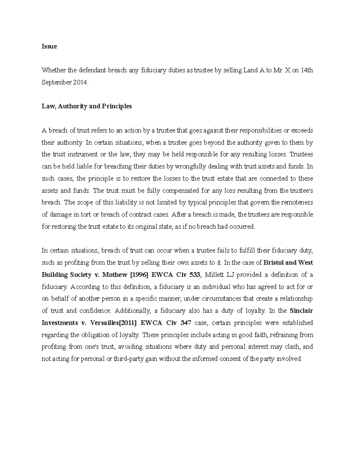 Equity Law Case Study: Breach of Fiduciary Duties by Trustee - Studocu